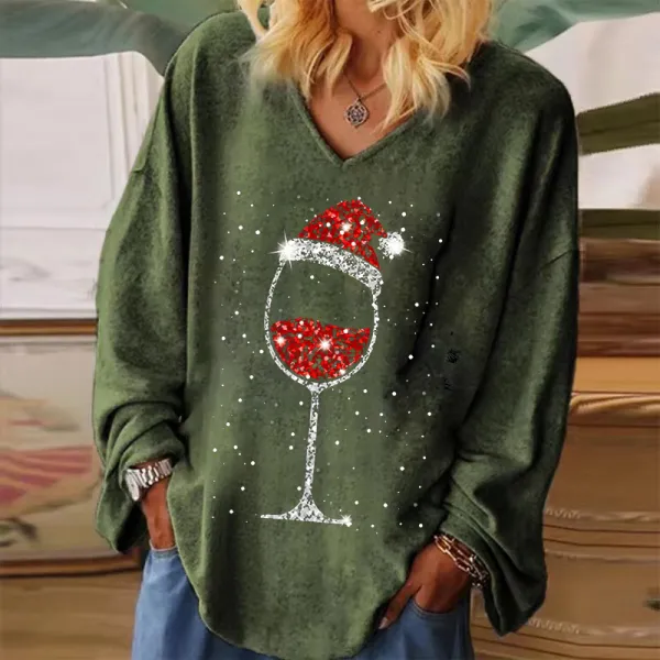 Christmas Hat Wine Glass Printed V-neck Women's T-shirt