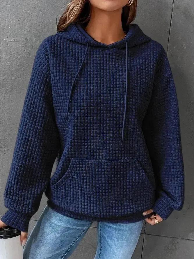 New Waffle Round Neck Long Sleeve Sweatshirt Solid Color Tops for Women