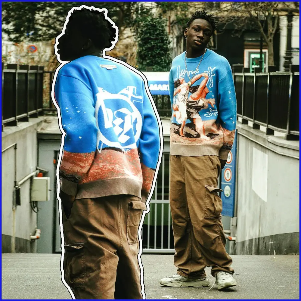 Blue Sweater Renaissance Street Wear Fashion Printing Seasonal Trend Special Design