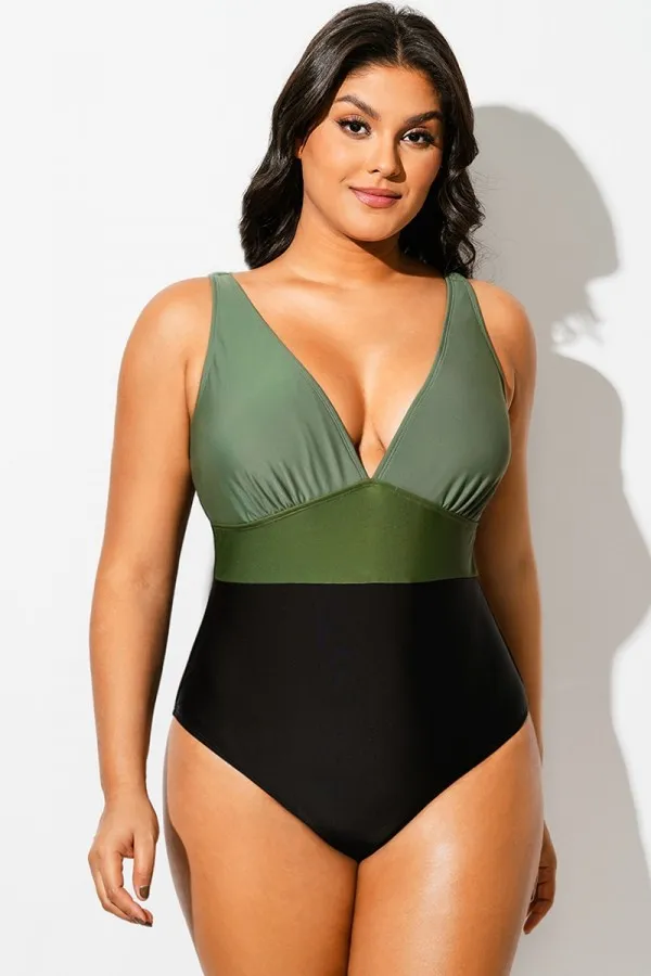 Green Colorblock V-Neck One Piece Swimsuit