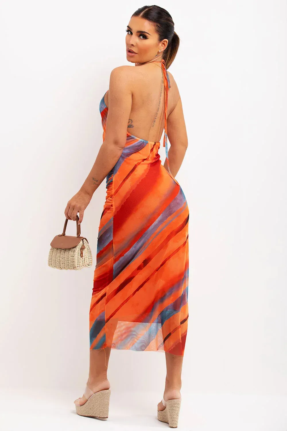 Printed Tulle Midi Dress Orange