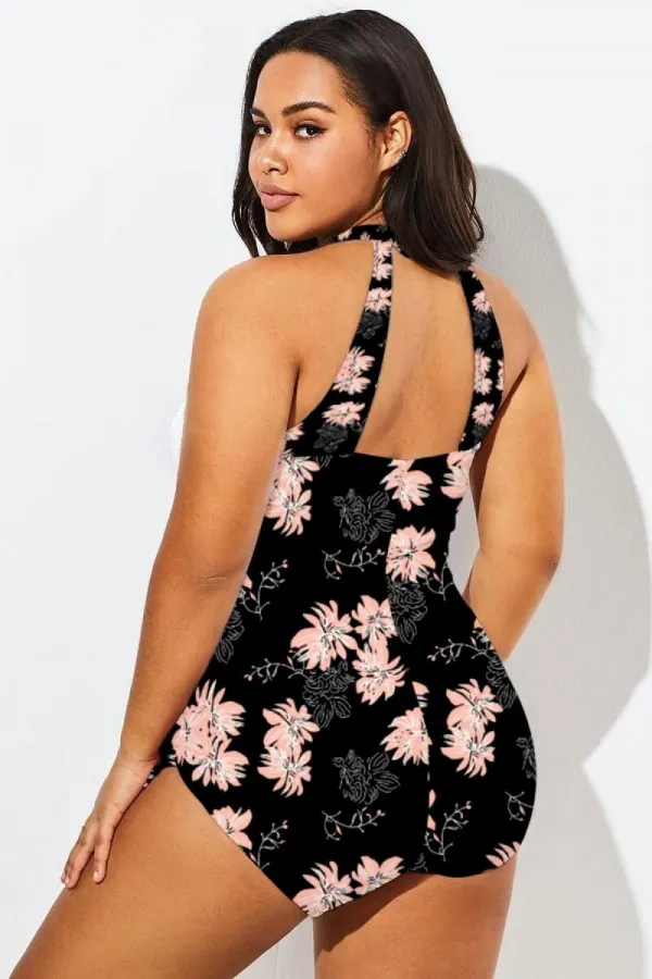 Floral Print H-Back Sarong Front One Piece Swimsuit