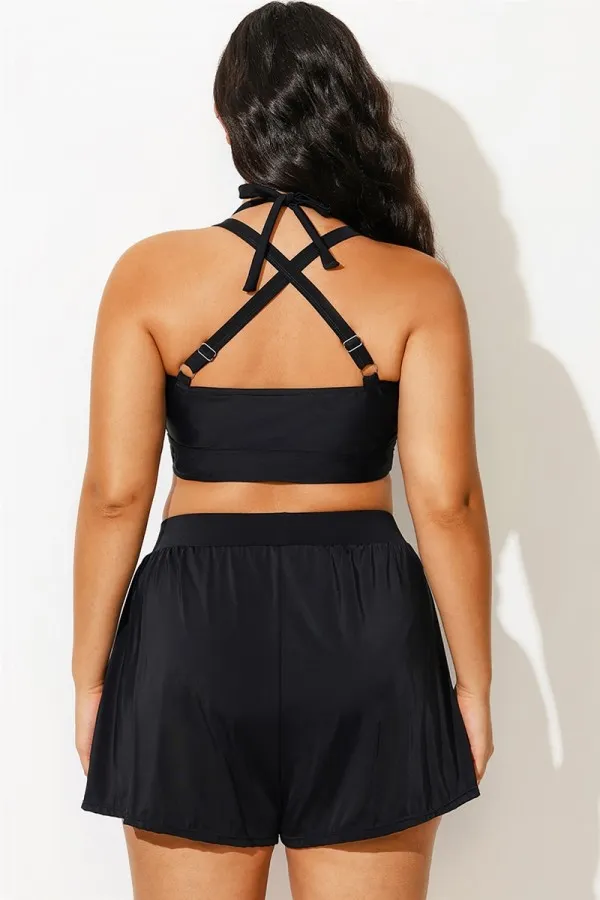 Plus Size Black V-Neck Crossback Bikini Top