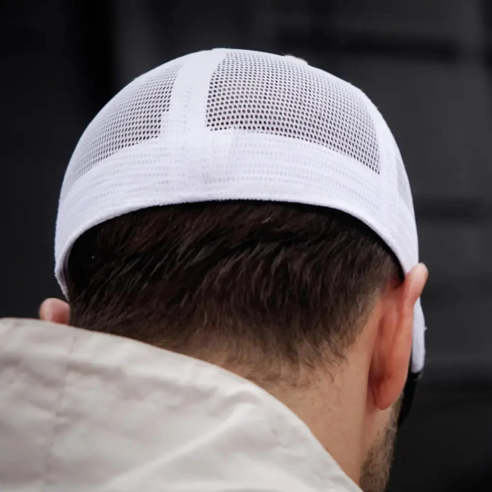 The Mesh Trucker Boston Scally Cap - Black with White