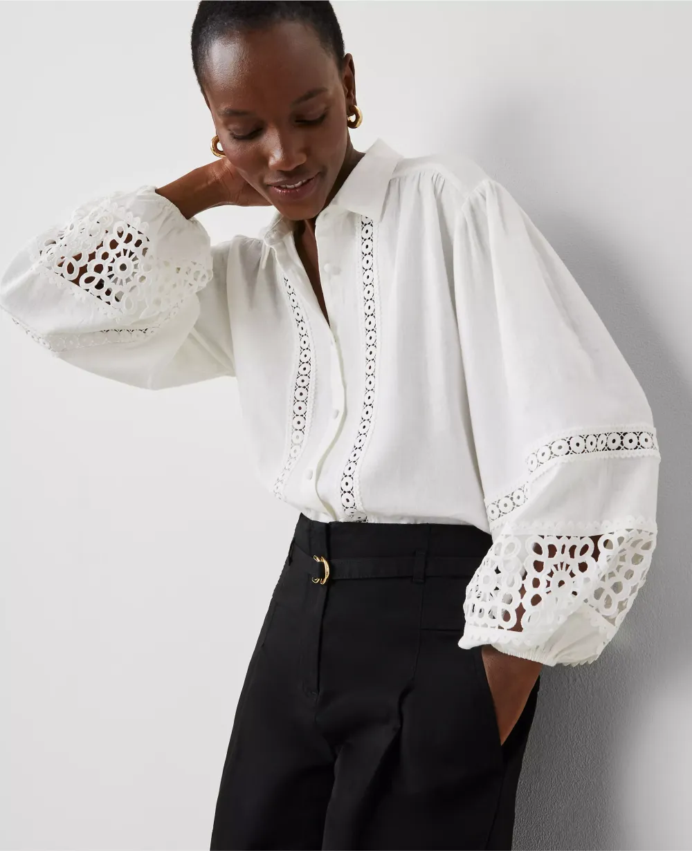 Embroidered Linen-Blend Puff Sleeve Blouse