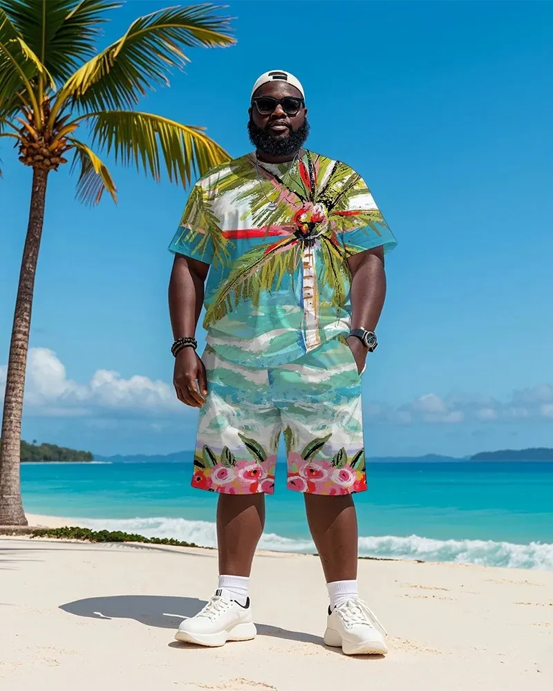 Big & Tall Men'S Hawaiian Coconut Flower Graffiti Print Round Neck Short Sleeve T-Shirt Shorts Suit