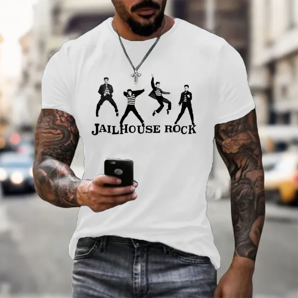 Men's Jail House Rock Print Short Sleeve Round Neck Cotton T-Shirt