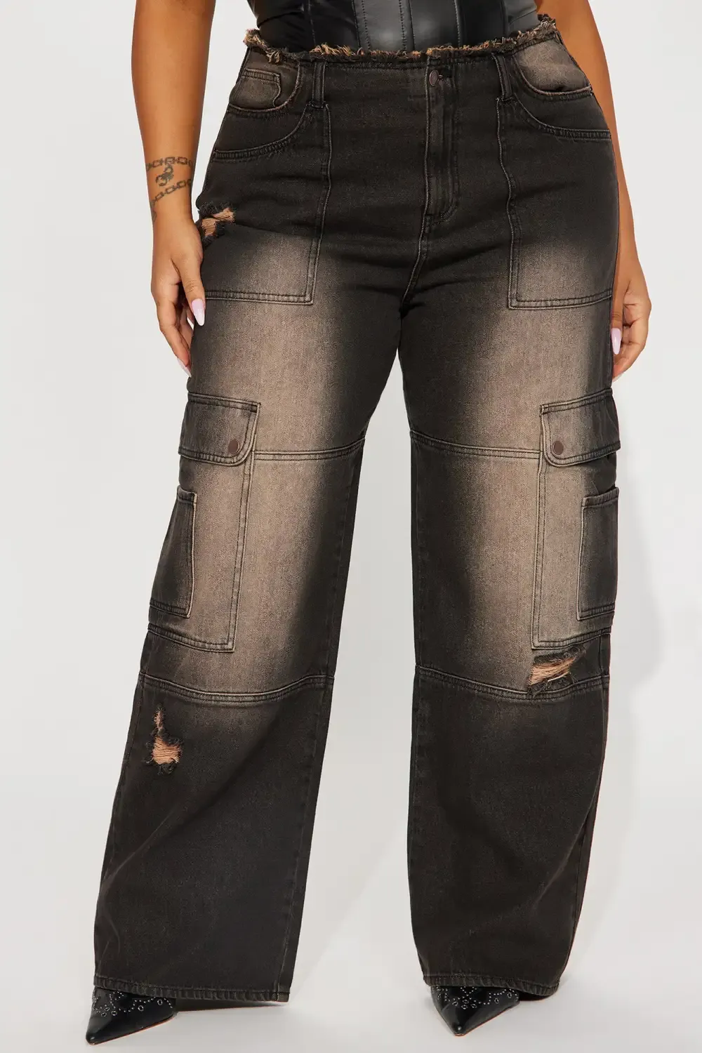 Night Sky Ripped Tinted Non Stretch Cargo Jeans - Black Wash