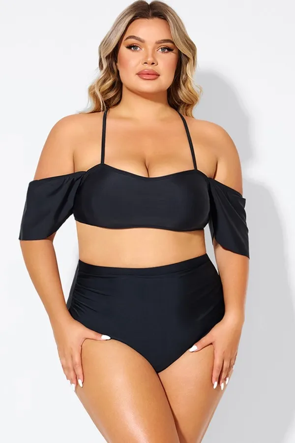 Black Lace Up Off the Shoulder Ruffle Bikini Top