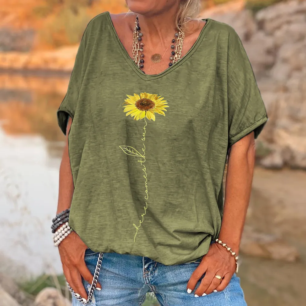 Here Comes The Sun Printed Sunflower T-shirt