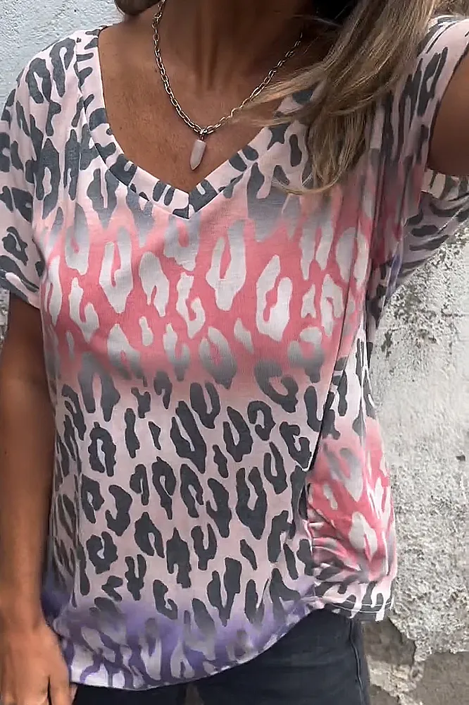 Women's Leopard print gradient V-neck strap casual T-shirt