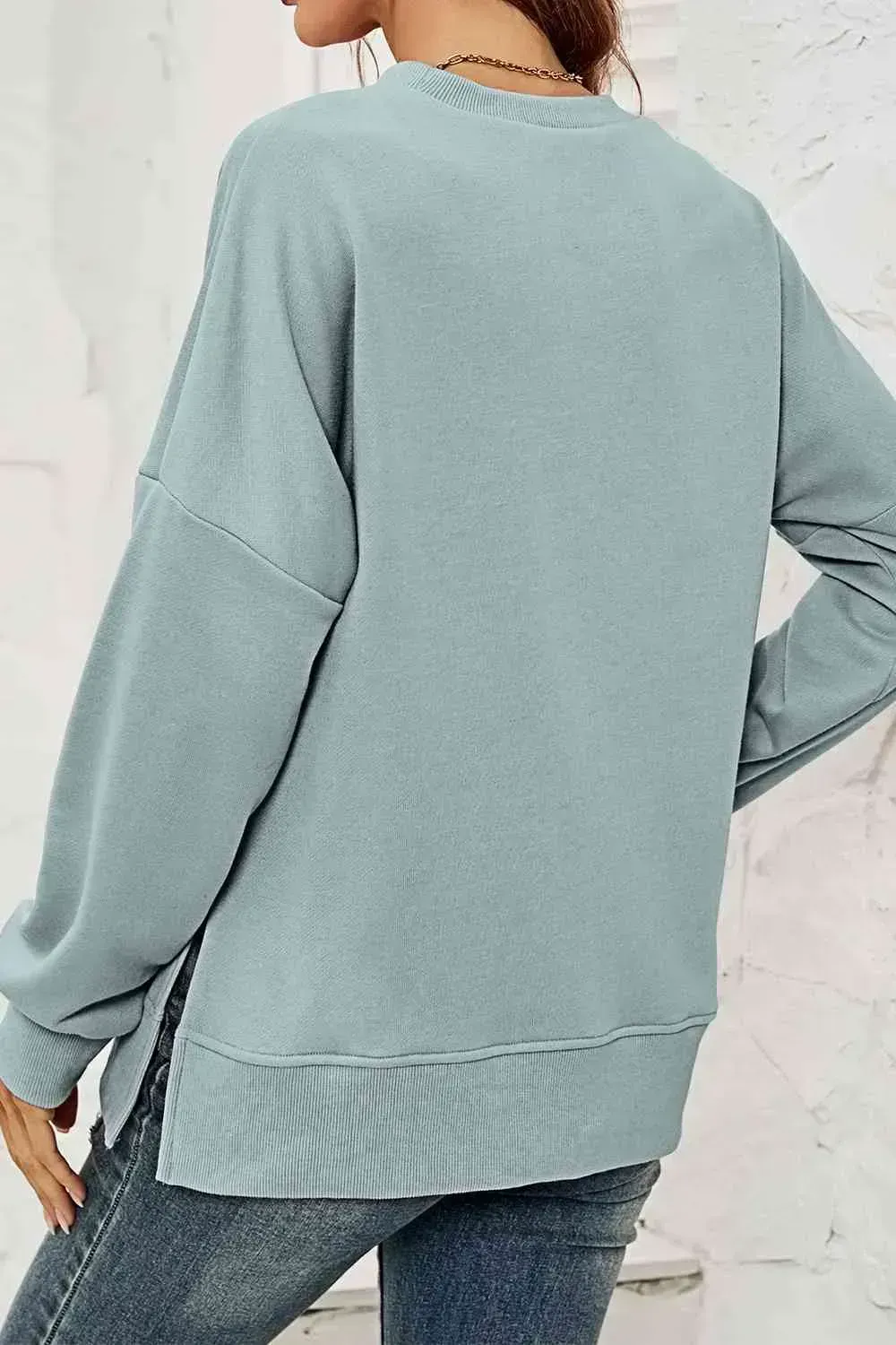 Round Neck  Dropped Shoulder Slit Sweatshirt AC