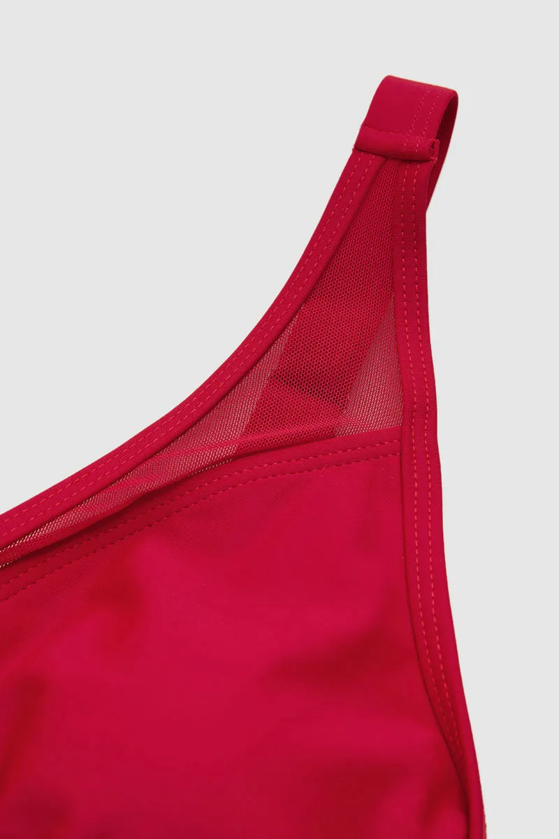 Solid Contrast Mesh Drawstring Side Plunging Neck One Piece Swimsuit