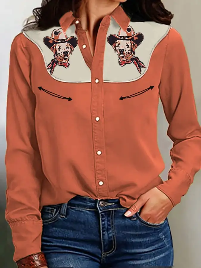 Women's Retro Western Dog With Cowboy Hat Print Casual Shirt