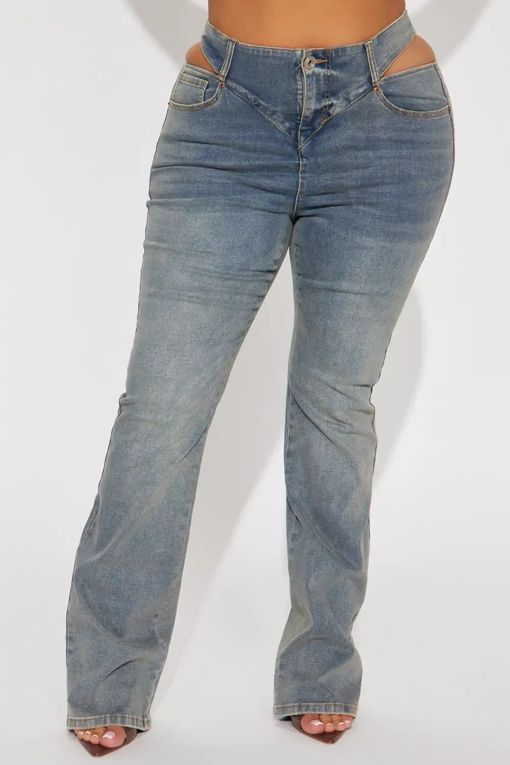 Cause A Scene Cut Out Stretch Bootcut Jean - Vintage Blue Wash