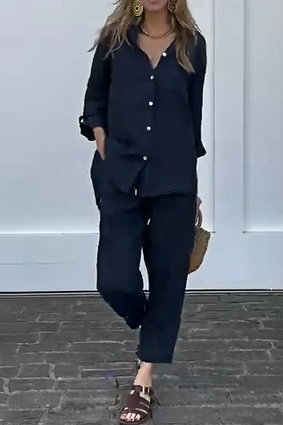Women'S Casual Cotton And Linen Top And Pants Two-Piece Set