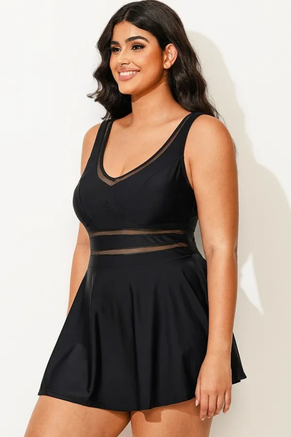 Black V-neck Wide Strap Crochet Detail Swimdress