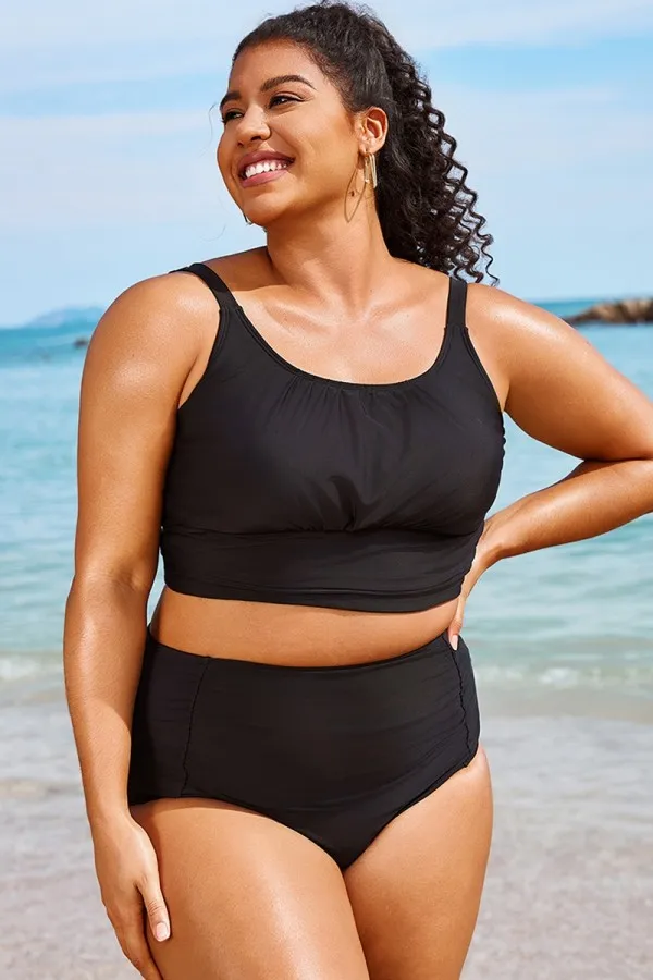 Plus Size Solid Black Crop Bikini Top