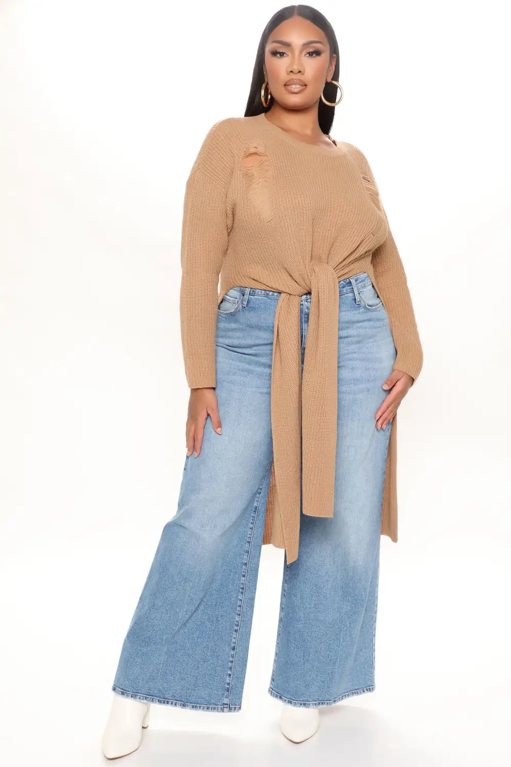 Kara Tie Front Sweater - Tan
