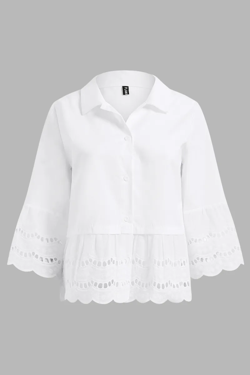 Solid Eyelet Embroidery Scallop Trim Bell Sleeve Shirt