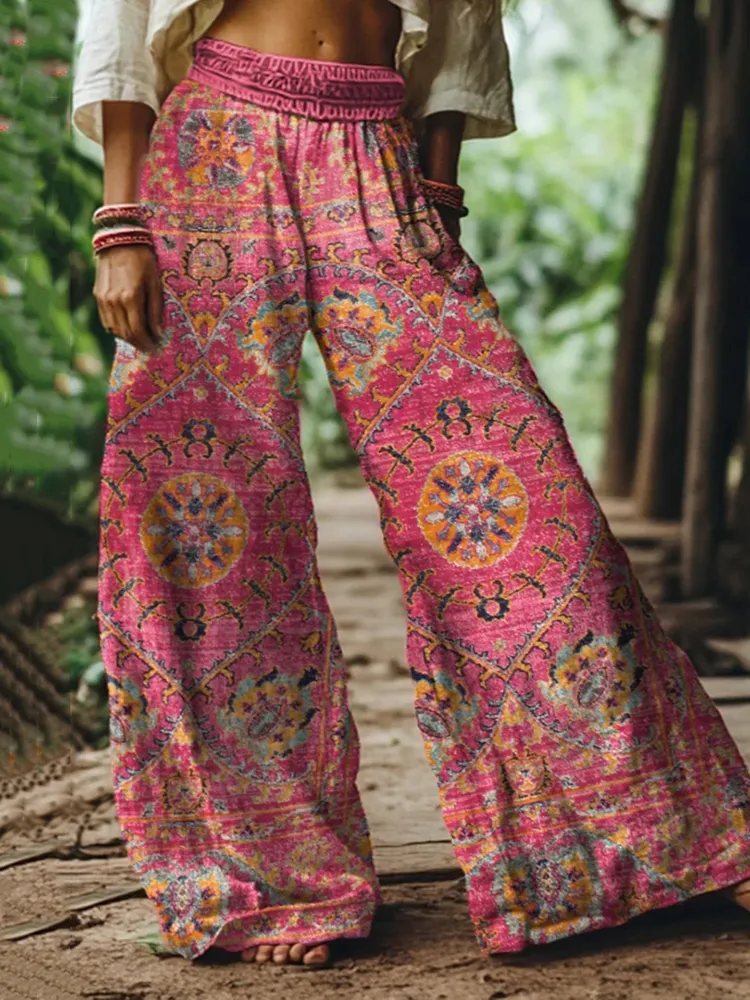 Holiday Vintage Floral Print Loose Linen Blend Pants