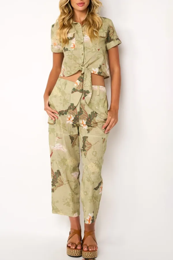 Olive Green Botanical Print Straight Leg Pants