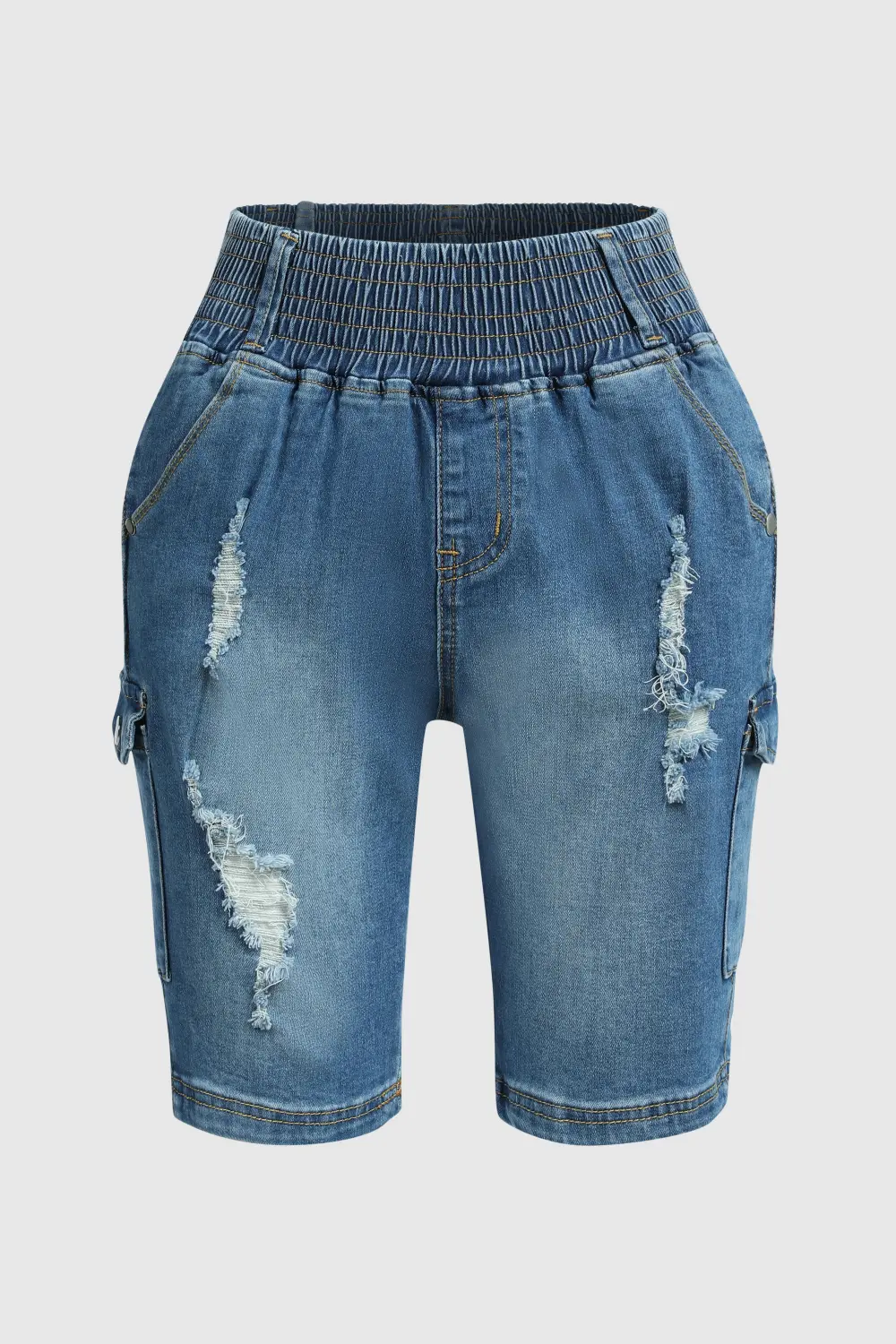 Ripped Flap Pocket Elastic High Waist Denim Bermuda Shorts