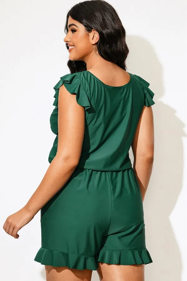 Plus Size Crossed V-neck Ruffle Shoulder One Piece Swimsuit
