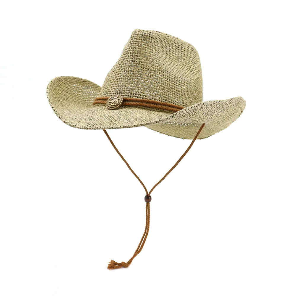 Western Cowboy Sandy Beach Sun Protect Straw Hat With String