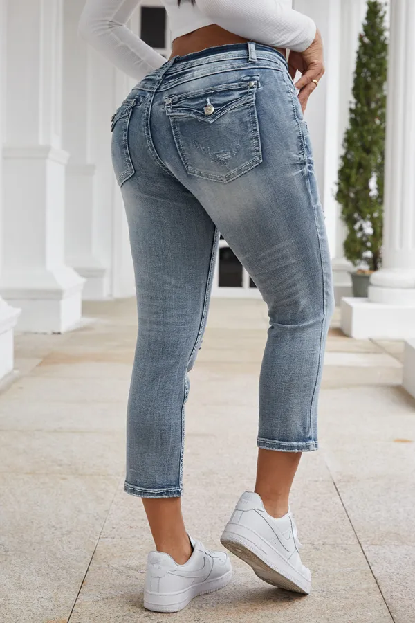 Wash Stretchy Ripped Flap Decor Low Waist Crop Jeans