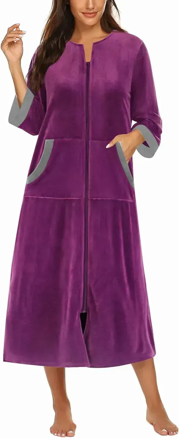 Women Zipper Robe 3/4 Sleeves Loungewear Dress Full Length Sleepwear Pockets Housecoat Nightgown Long Bathrobe