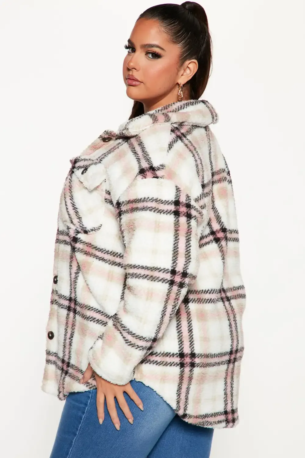 Shirt Jacket Sherpa Shacket - Pink/combo
