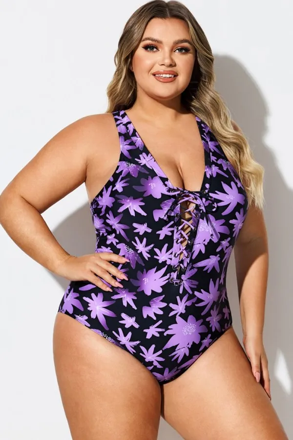 Floral Print Front Line Open Back One Piece Swimsuit