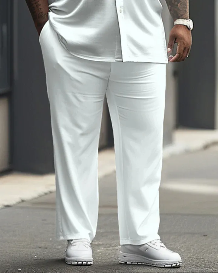 Versatile Solid Color White Big Men'S Short Sleeve Shirt Trousers Set