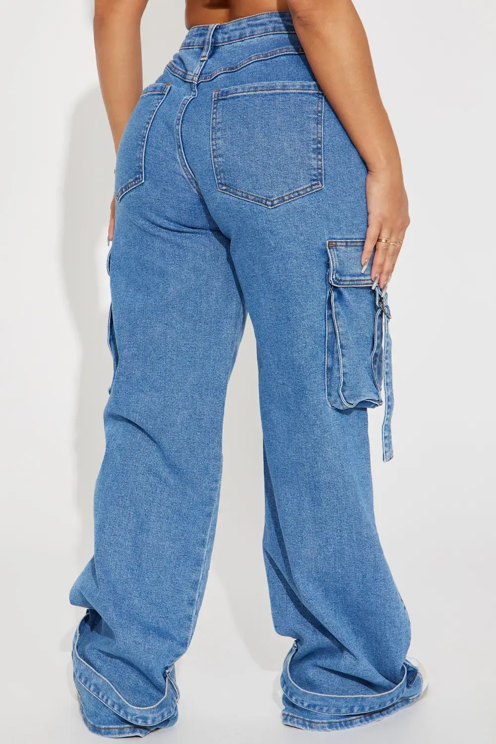 Love Hurts Ankle Strap Cargo Jeans - Medium Blue Wash