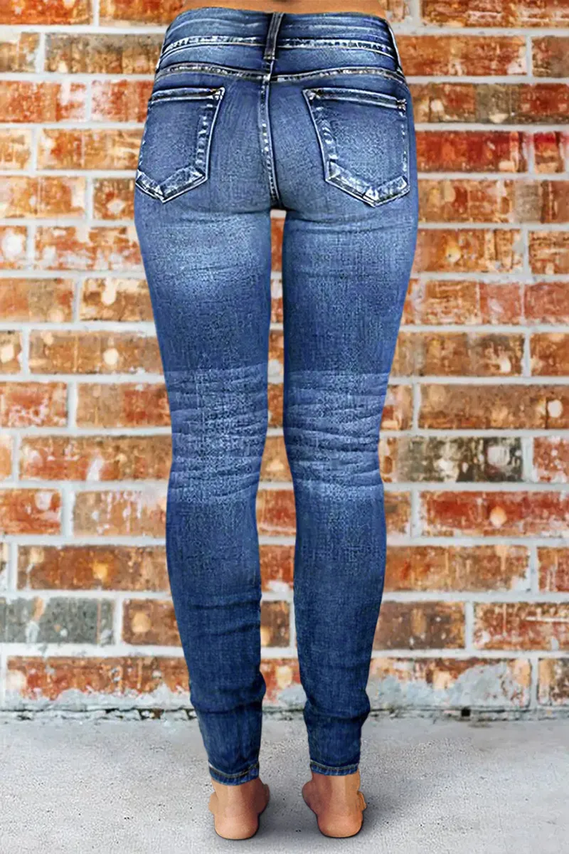 Ripped Double Button Mid Waist Skinny Jeans