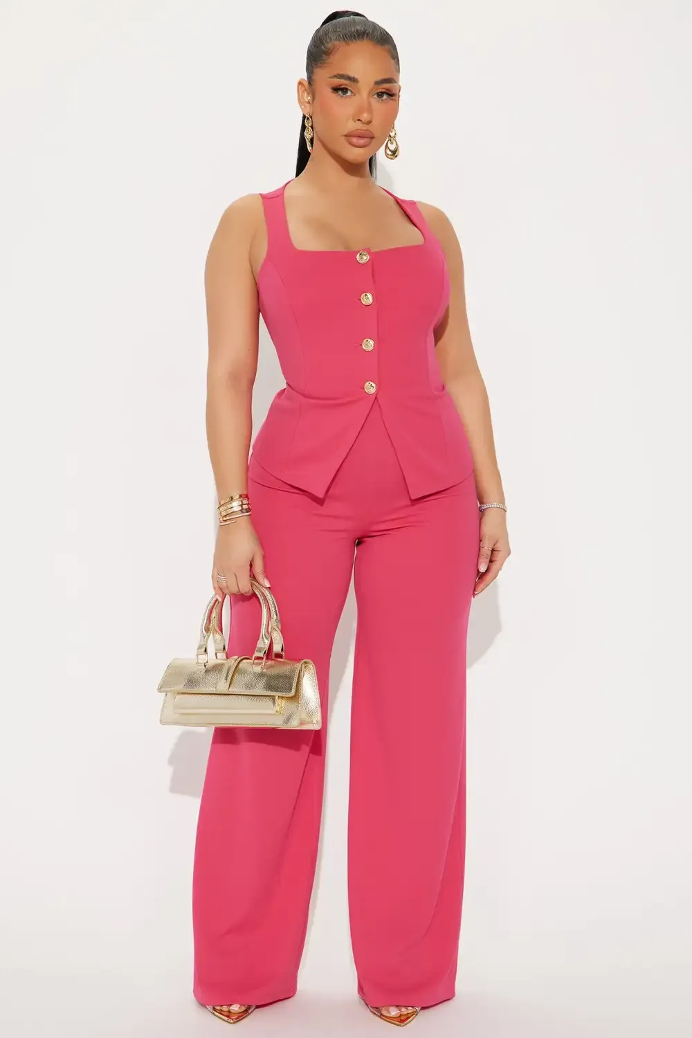 Ready For Business Office Vest Wide Leg Pant Set - Fuchsia