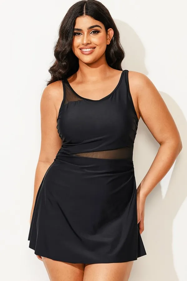 Plus Size V-Neck Black Mesh Panel Swimdress