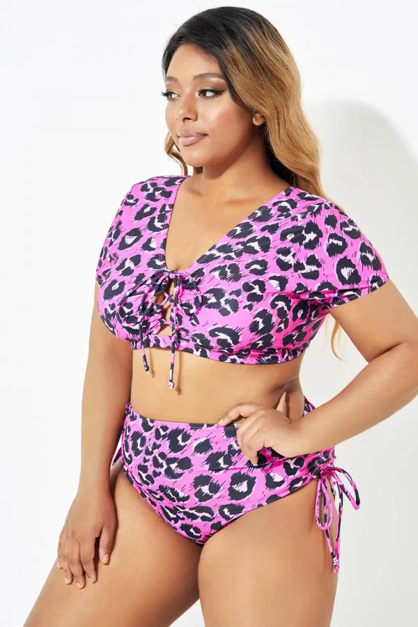 Sexy Pink Leopard Print Lace Up Bikini Top