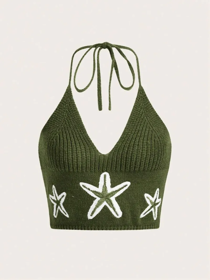 Fairycore Women Summer Knitted Top With Pentagram Pattern Neck Strap