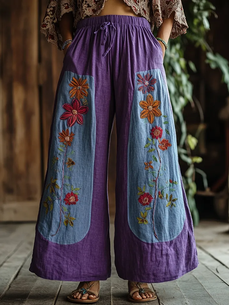 Bohemian Holiday Style Bohemian Floral Print Linen Long Loose Wide-leg Pants