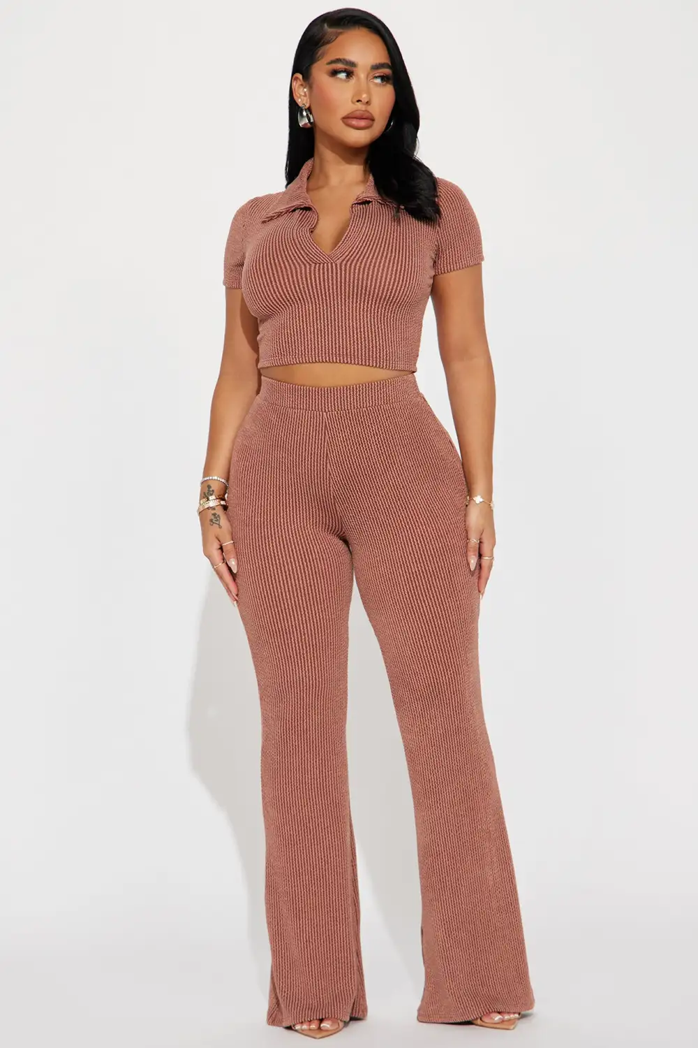 Josie Ribbed Pant Set - Chocolate