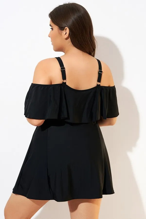Solid Black Adjustable Straps Women Swimdress