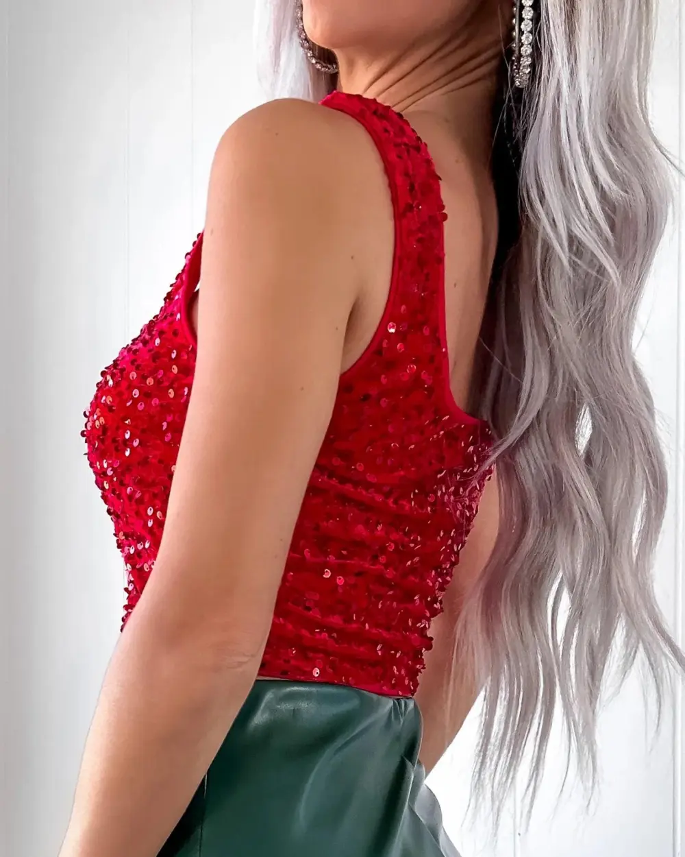 Red Sequin Crop Tank
