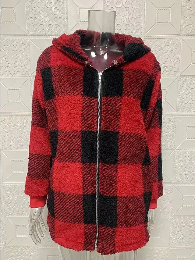 Women's Fleece Jacket Fleece Basic Pocket Zip Up Black Light Green Red Plaid Street Casual Hoodie Long Sleeve Top Micro-elastic Fall & Winter