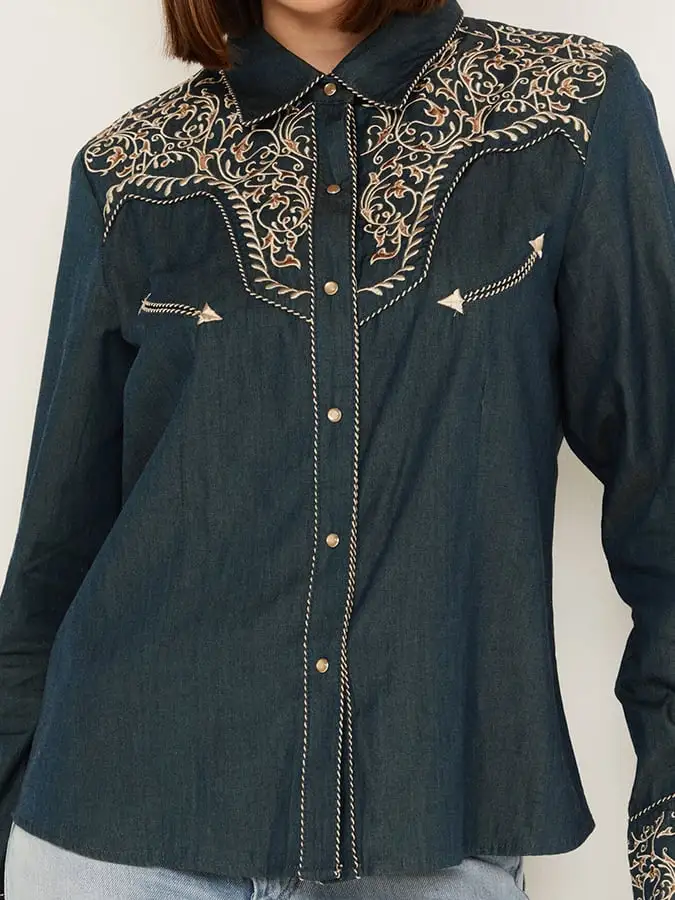 Women's Vintage Western Art Print Casual Linen Shirt