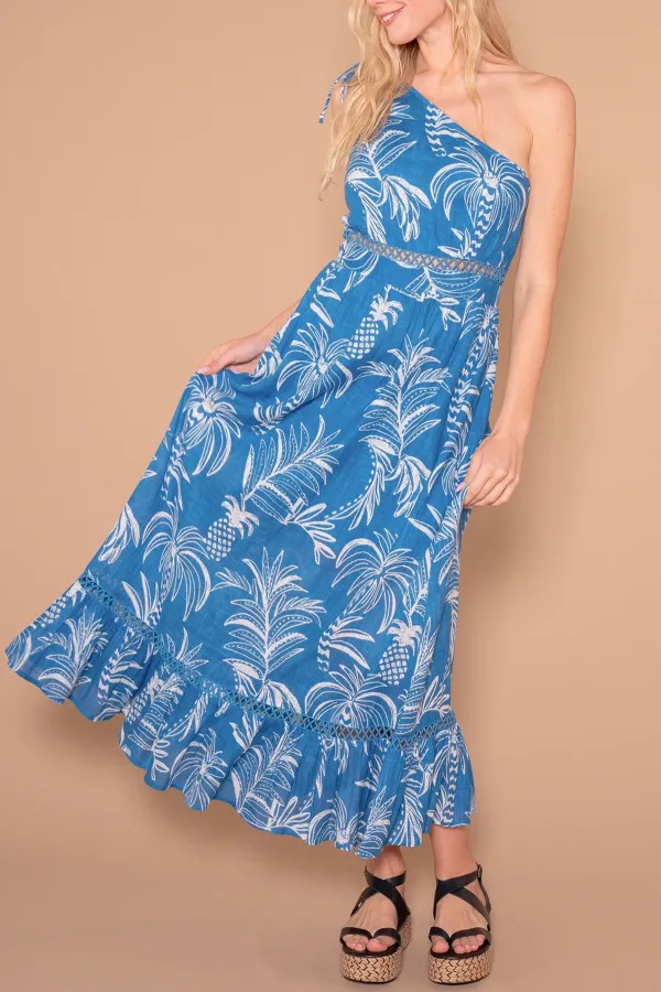 Blue Tropical Print One Shoulder Maxi Dress