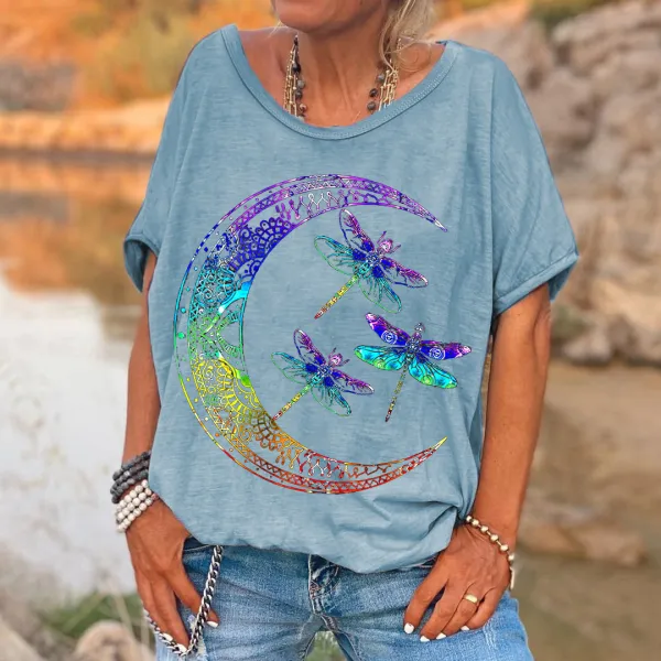 Moon Dragonfly Printed Hippie Tees