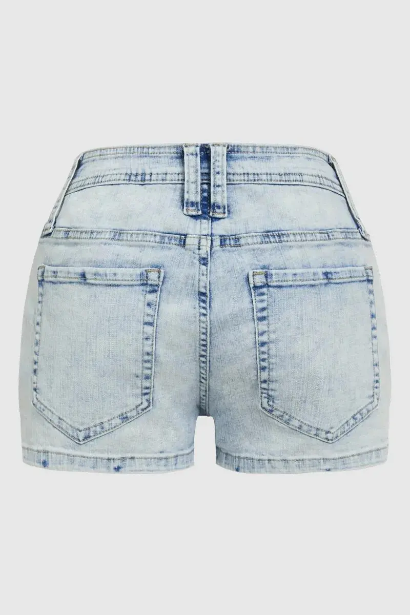 Wash Flap Pocket Front Low Waist Denim Shorts