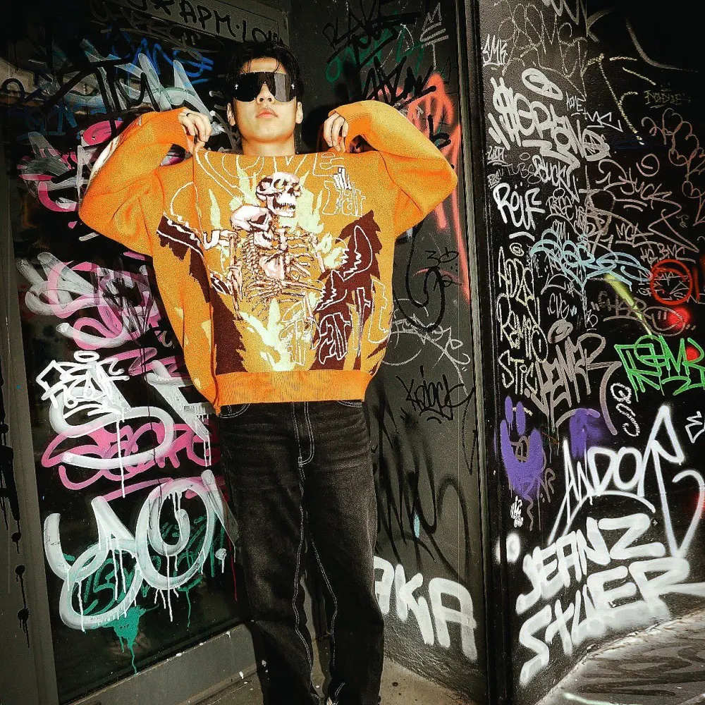 Couple Two Piece Orange and Yellow Sweater Renaissance Street Wear Fashion Printing Seasonal Trend Special Design